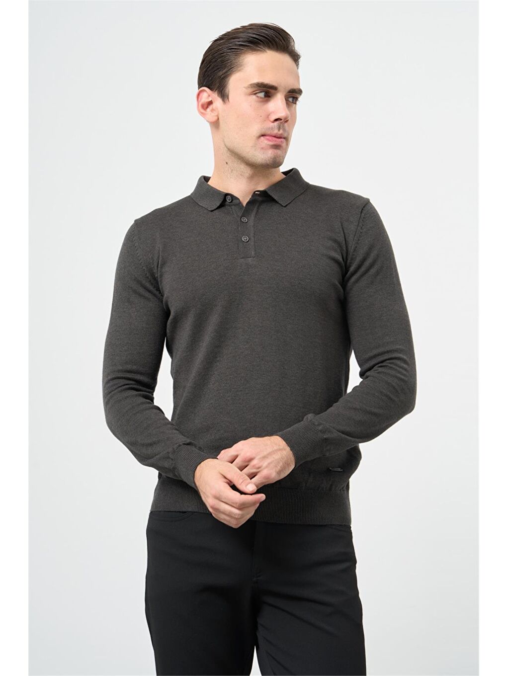 Koyu Antrasit Uzun Kol Düz Örme Polo Yaka Classic Comfort Fit Triko 1012245007