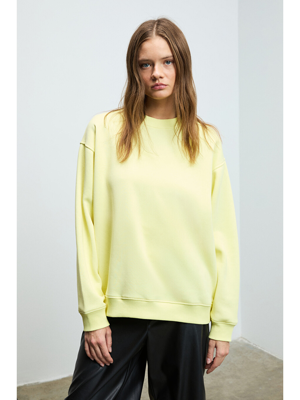 Karıus Kadın Organik Pamuklu İçi Polarlı Oversize Yuvarlak Yakalı Sarı Sweatshirt-2