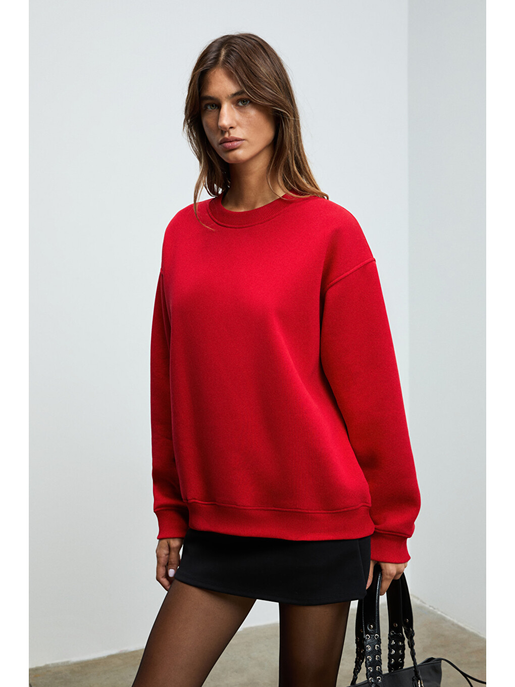 Karıus Kadın Organik Pamuklu İçi Polarlı Oversize Yuvarlak Yakalı Kırmızı Sweatshirt-1