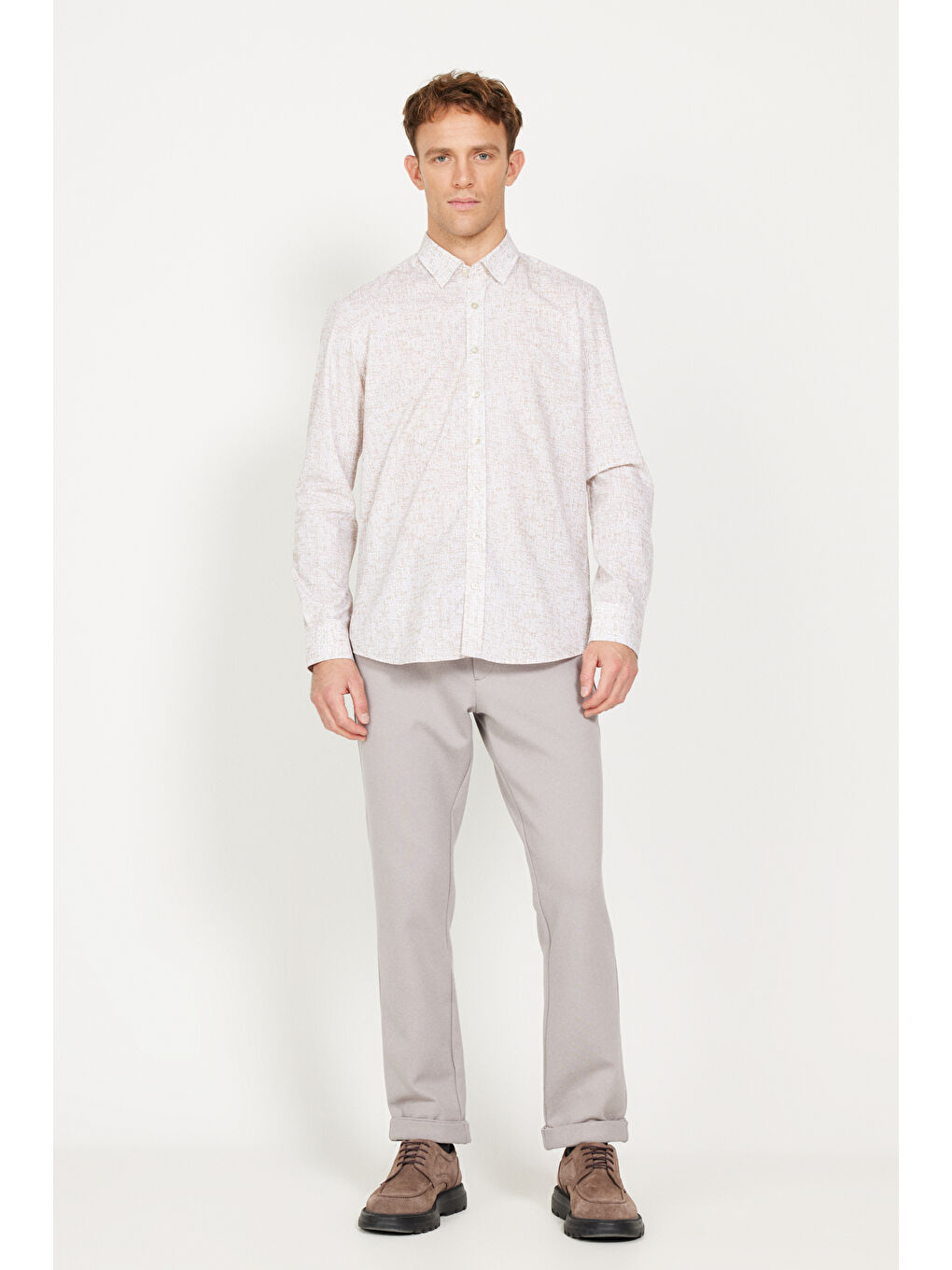 Erkek Beyaz-Bej Slim Fit Dar Kesim Düğmeli Yaka Baskılı Gömlek-1