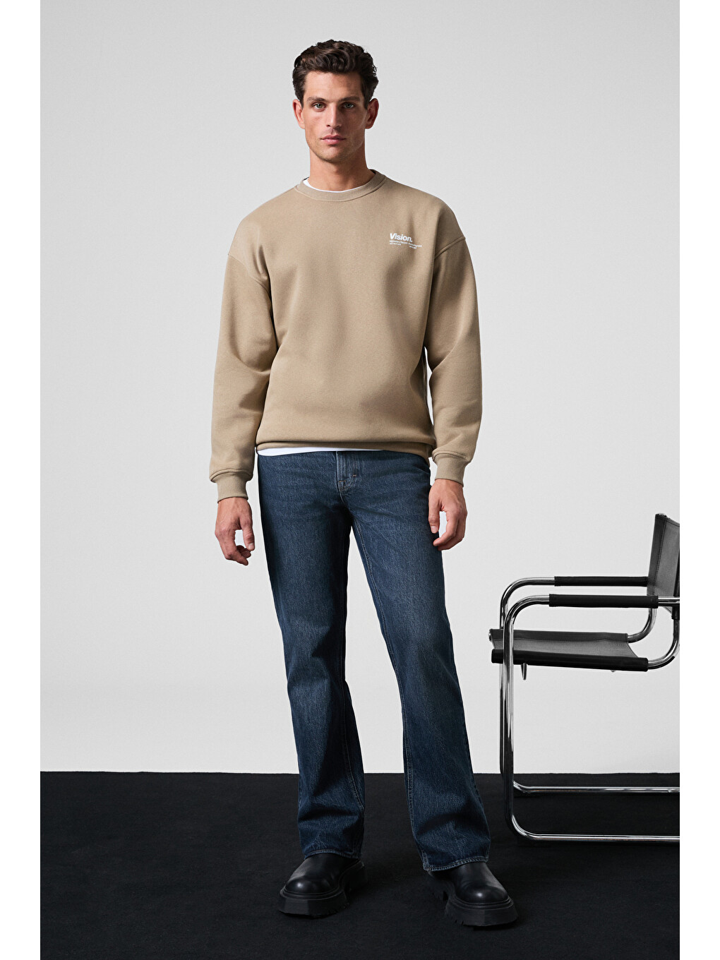 Bej Ernest Erkek Organik Pamuklu Yumuşacık Baskı Detaylı Bisiklet Yaka İçi Polarlı BEJ Sweatshirt-1