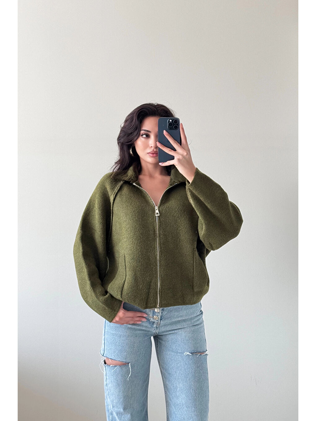 Kadın Haki Fermuarlı Oversize Hırka 1014-2381-4