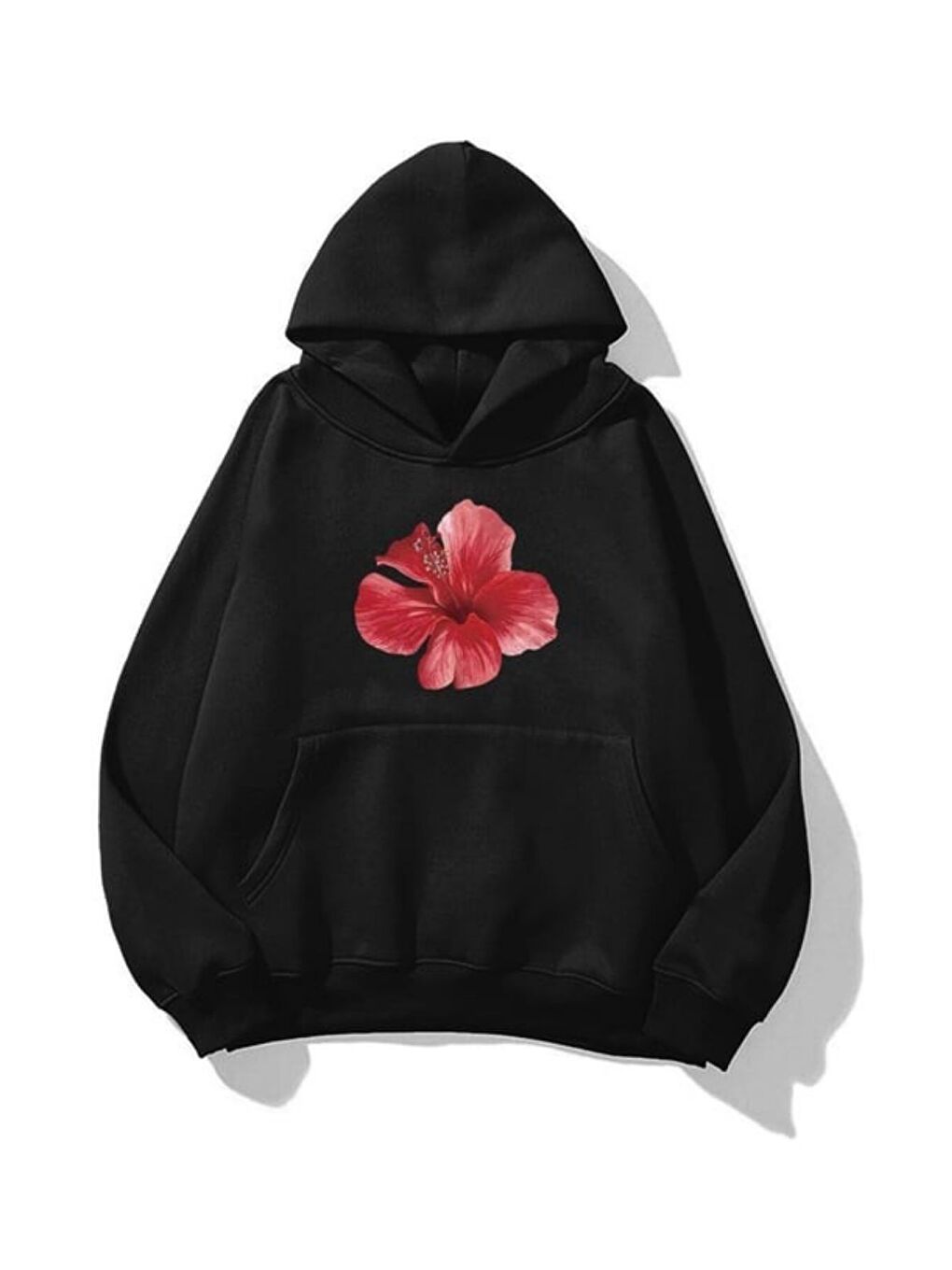 Unisex Hibiscus Baskılı Kapüşonlu Sweatshirt Hoodie Siyah