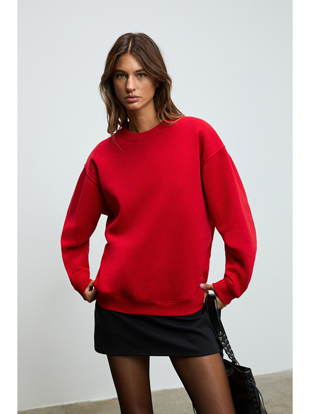 Karıus Kadın Organik Pamuklu İçi Polarlı Oversize Yuvarlak Yakalı Kırmızı Sweatshirt-2