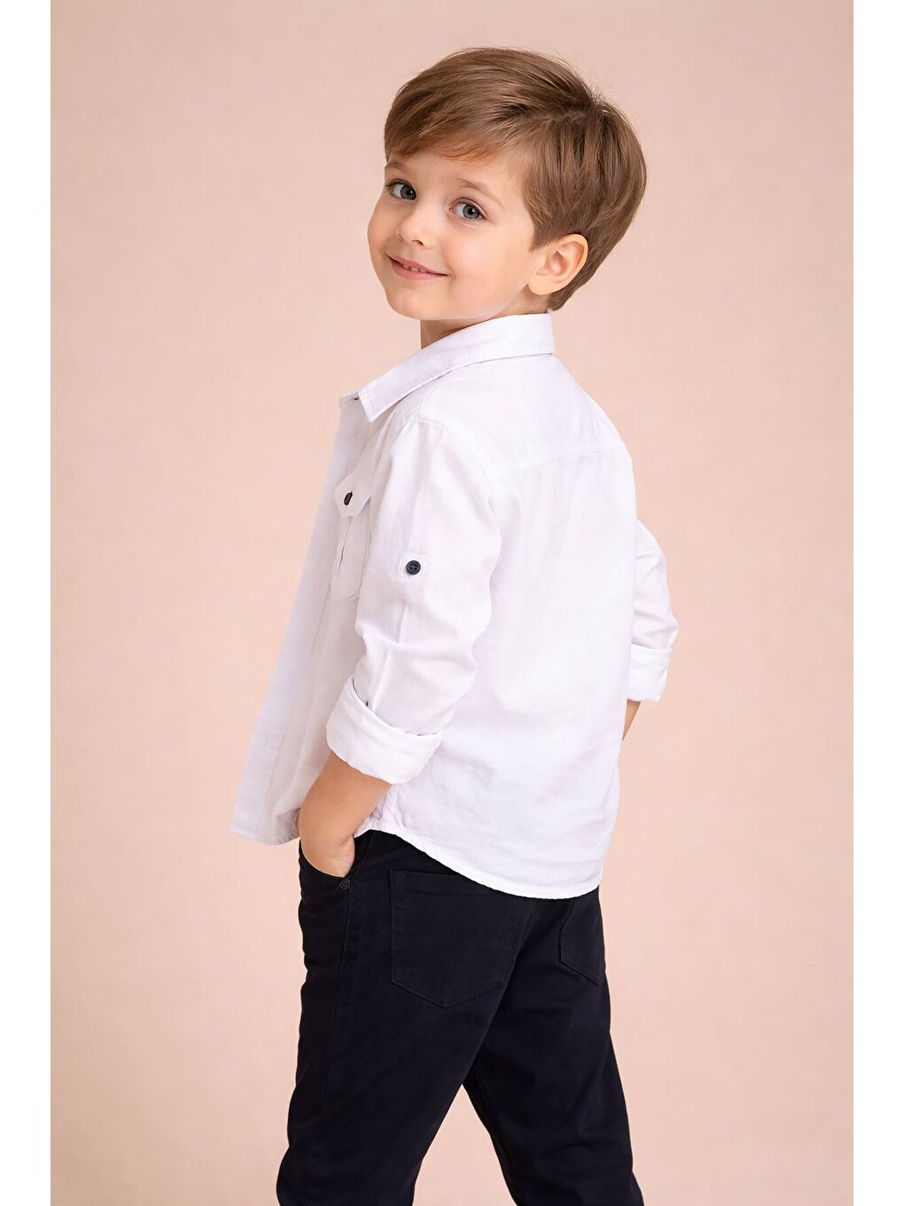 Lacivert Keten Pantolonlu Düğmeli Gömlekli Erkek Çocuk 3lü Takım 23764-1