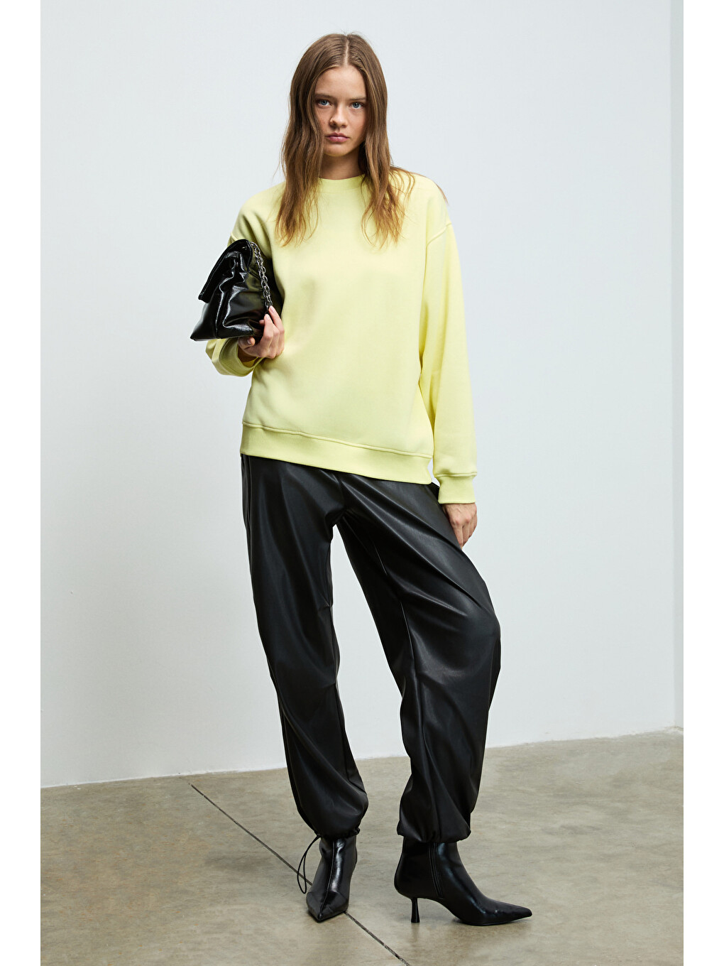 Karıus Kadın Organik Pamuklu İçi Polarlı Oversize Yuvarlak Yakalı Sarı Sweatshirt-5