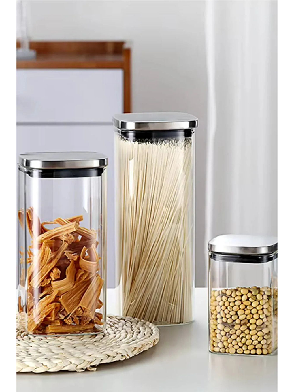 Renksiz Vakum Krom Kapaklı Kare Cam Kavanoz 65x142 cm - 400 ml Cam Baharatlık Saklama Kabı 3 Adet-2