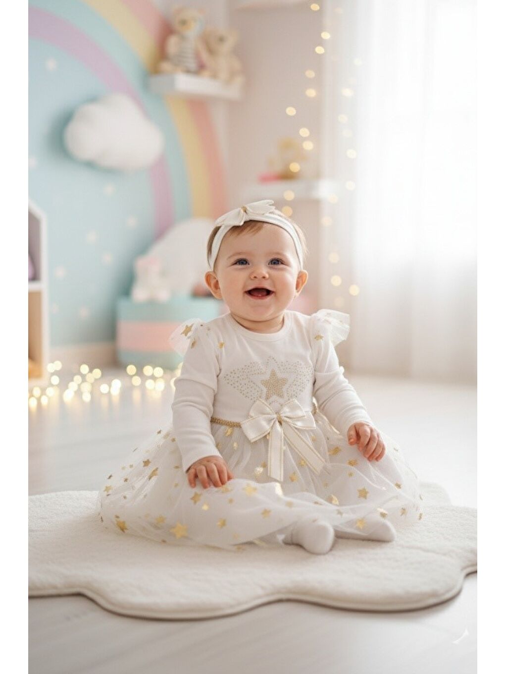 Kahverengi Kız Bebek Tütü Varaklı Saç Bantlı Elbise M00766-1