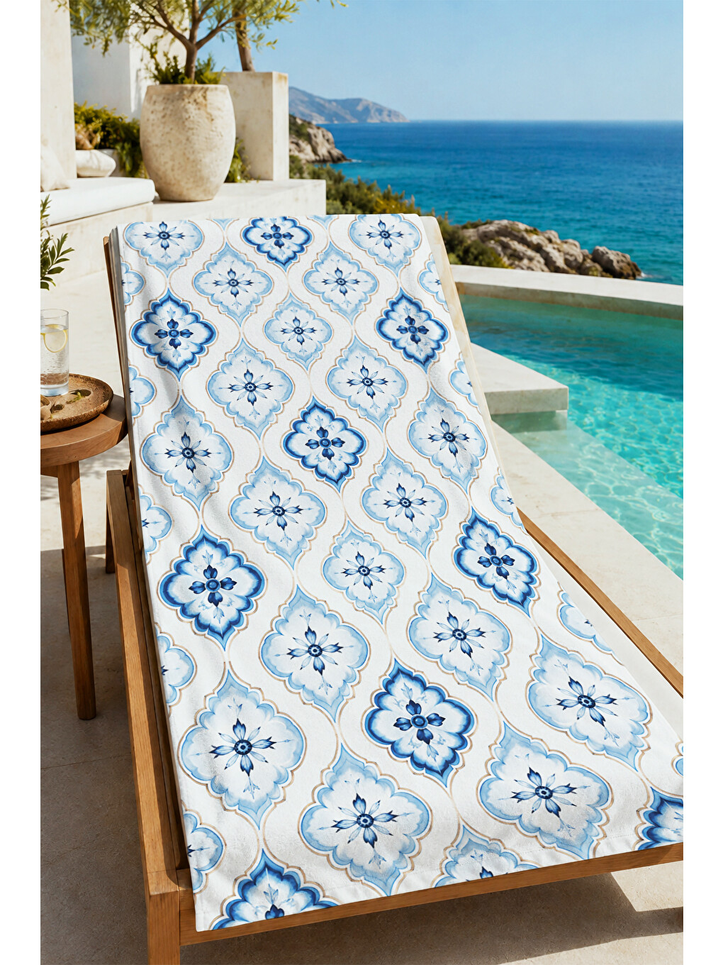 Akdeniz Mavi Beyaz Çini Karo Geometrik Desenli 70x150 Plaj Havlusu - Pamuklu Banyo Havlusu-3