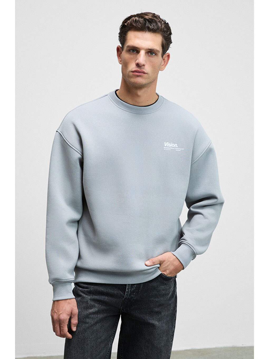 Gri Ernest Erkek Organik Pamuklu Yumuşacık Baskı Detaylı Bisiklet Yaka İçi Polarlı AÇIK GRİ Sweatshirt-1