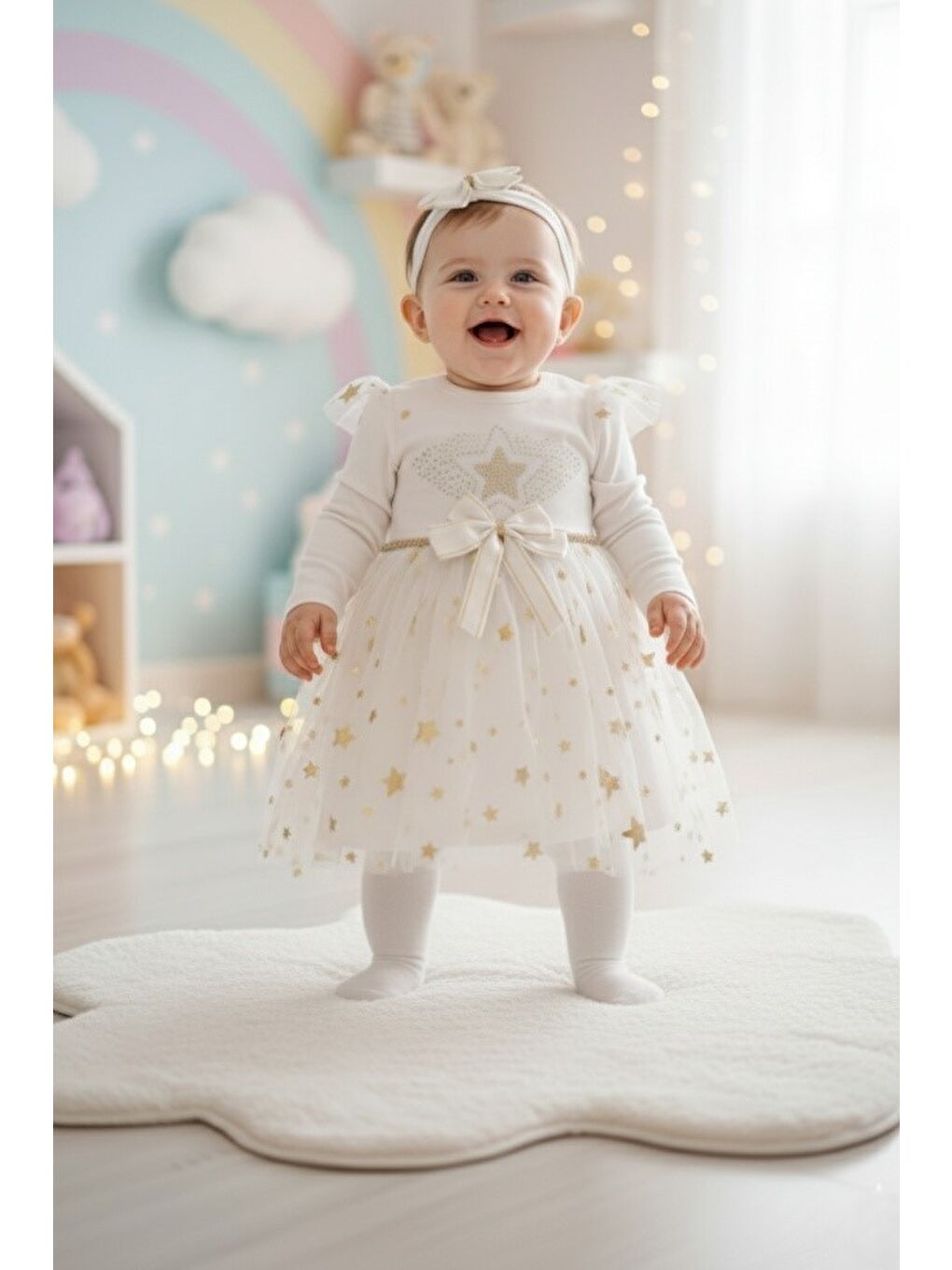 Kahverengi Kız Bebek Tütü Varaklı Saç Bantlı Elbise M00766-2