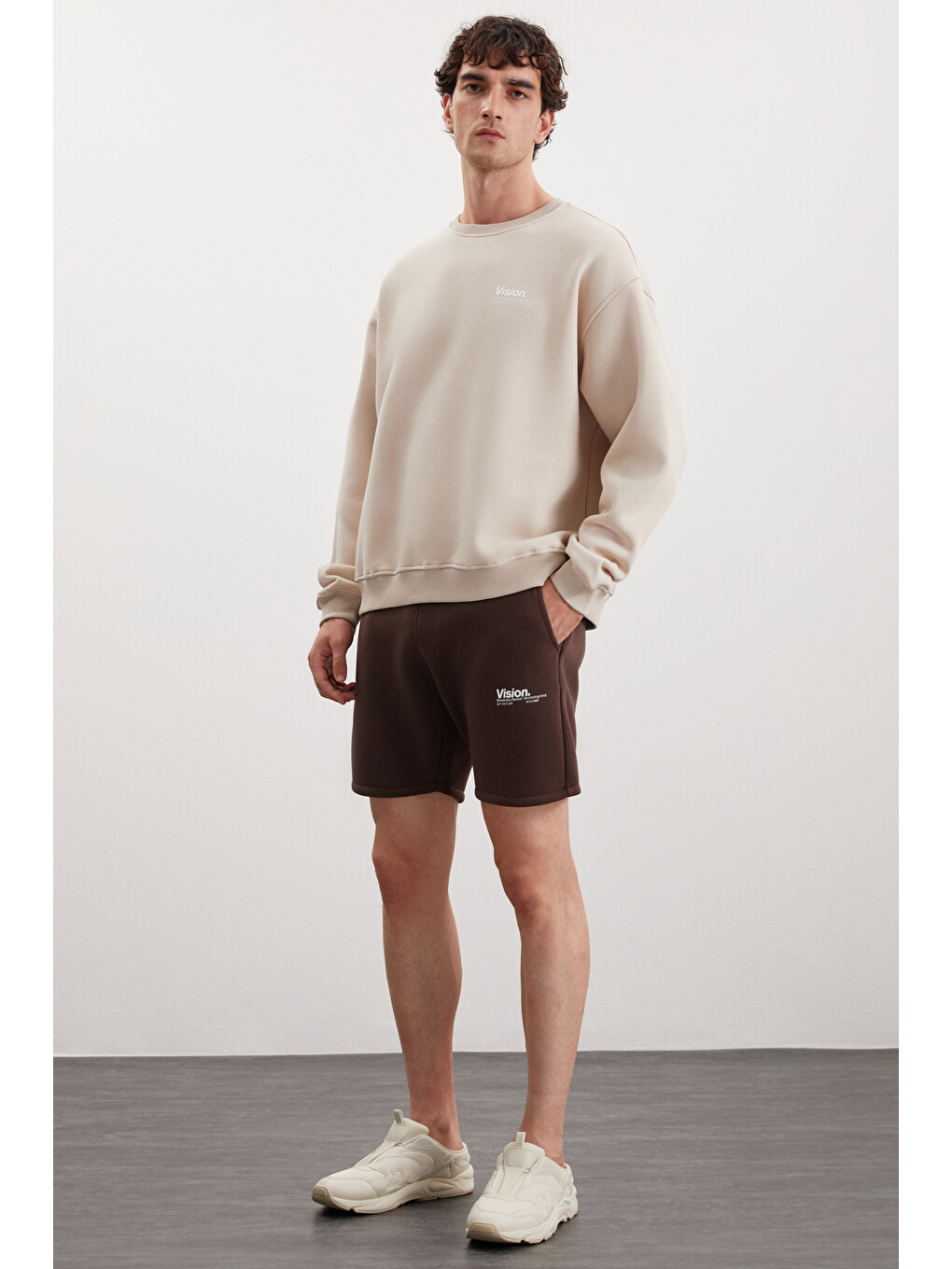 Bej Ernest Erkek Organik Pamuklu Yumuşacık Baskı Detaylı Bisiklet Yaka İçi Polarlı VİZON Sweatshirt-2