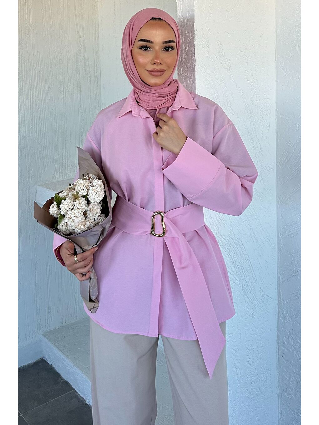 Pembe Bel Kuşaklı Tesettür Tunik