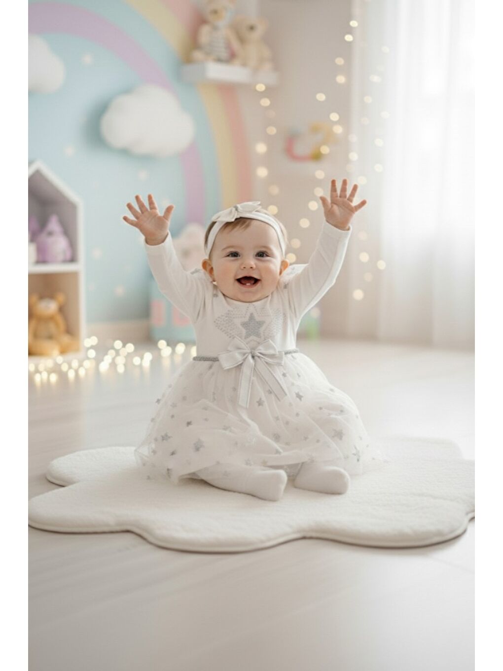 Ekru Kız Bebek Tütü Varaklı Saç Bantlı Elbise M00766-1