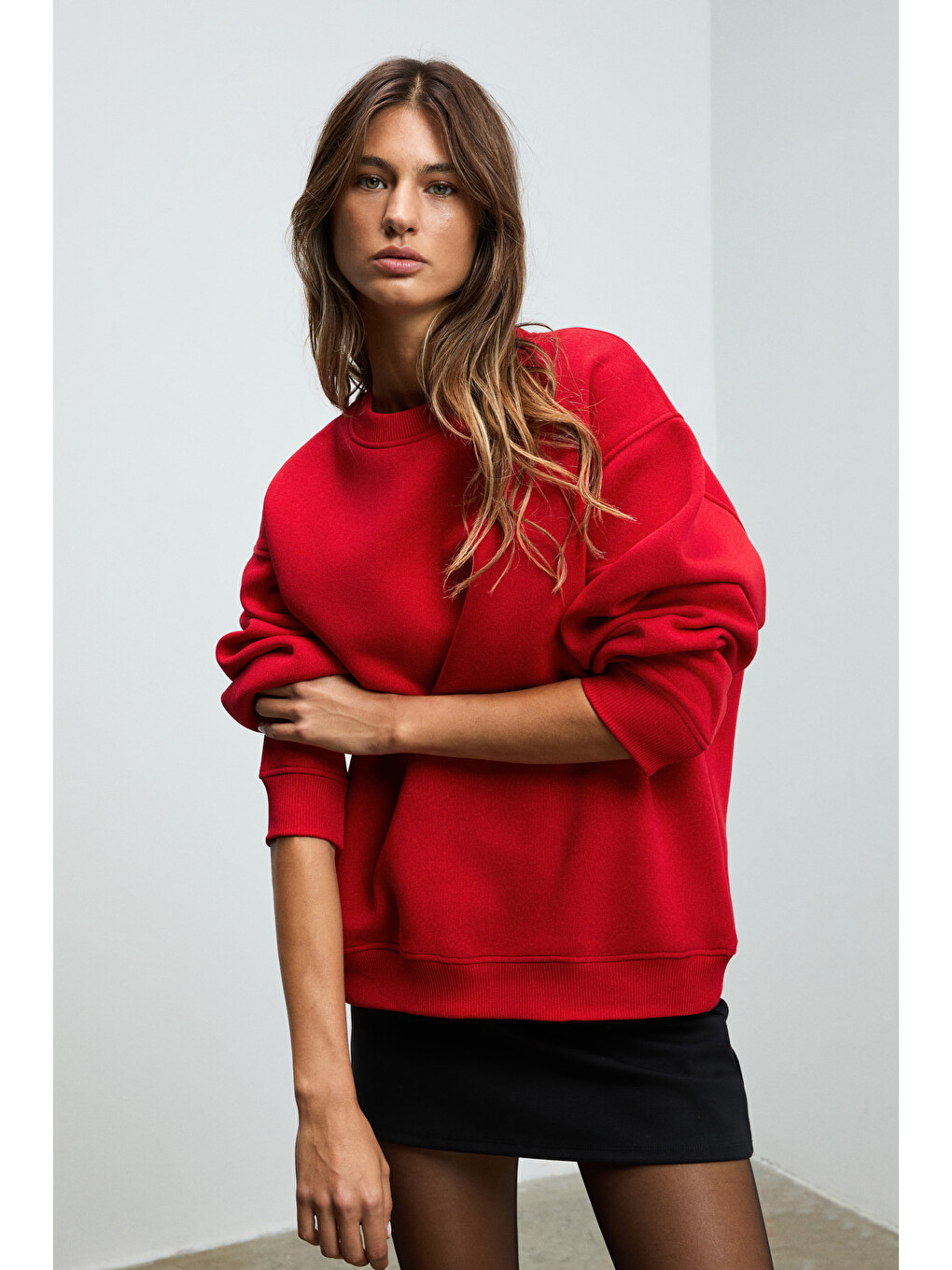 Karıus Kadın Organik Pamuklu İçi Polarlı Oversize Yuvarlak Yakalı Kırmızı Sweatshirt-3