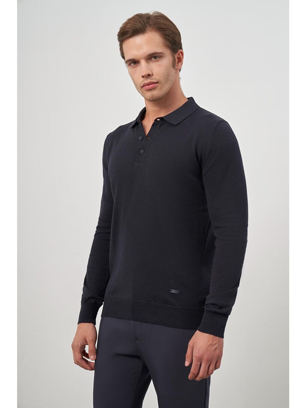 Koyu Lacivert Uzun Kol Düz Örme Polo Yaka Classic Comfort Fit Triko 1012245007
