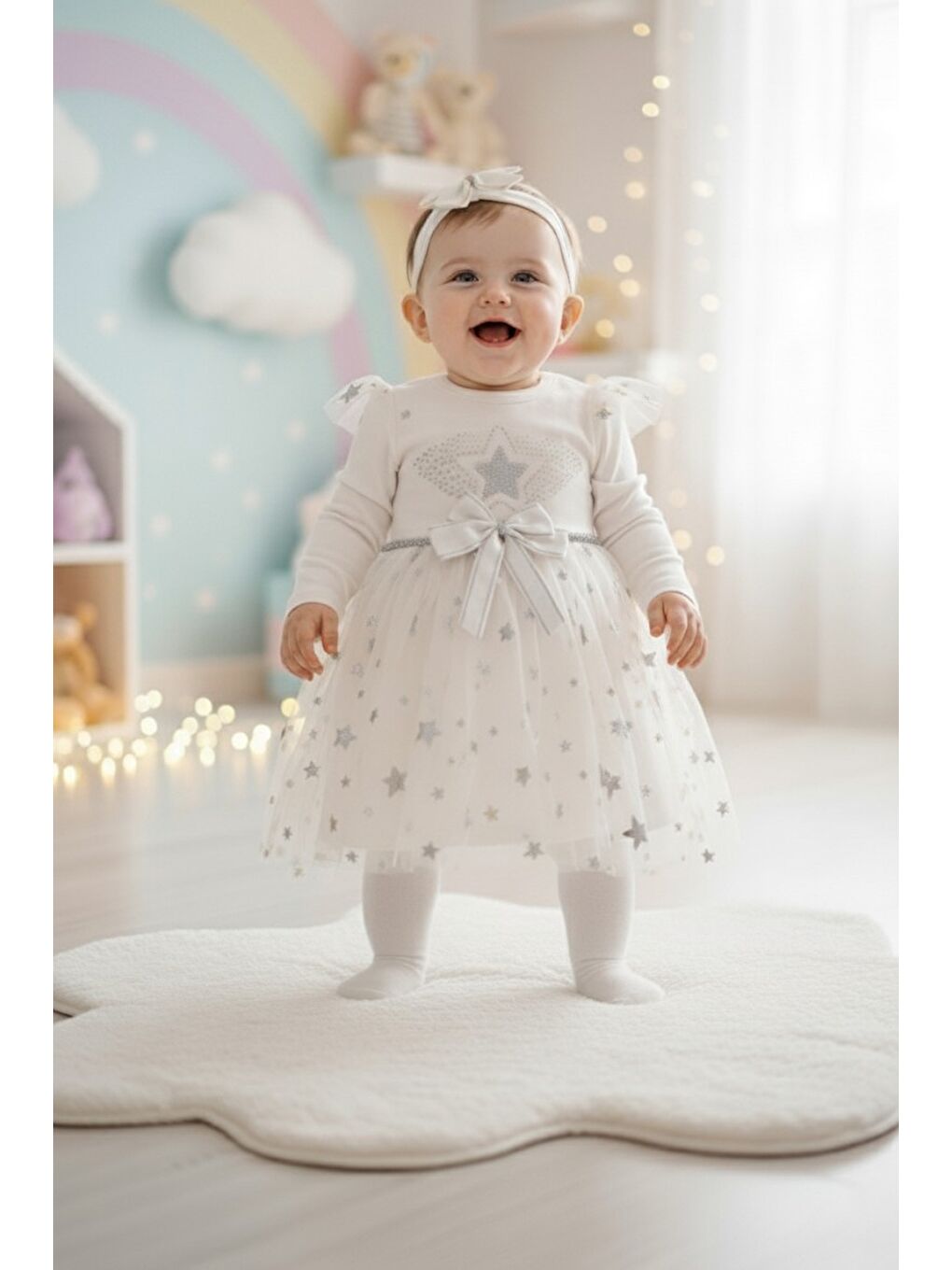 Ekru Kız Bebek Tütü Varaklı Saç Bantlı Elbise M00766-2