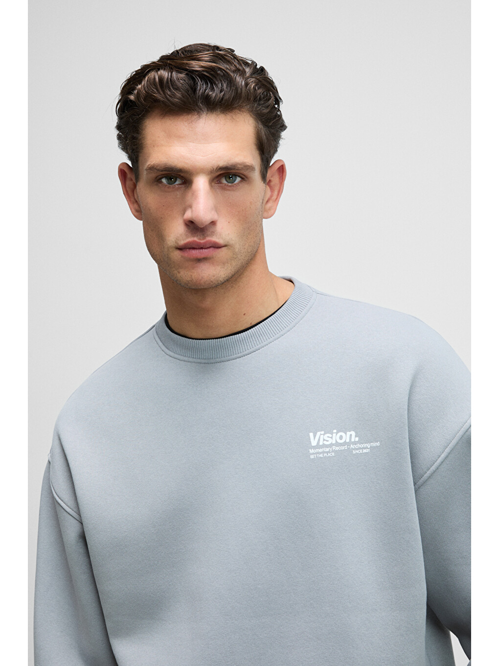 Gri Ernest Erkek Organik Pamuklu Yumuşacık Baskı Detaylı Bisiklet Yaka İçi Polarlı AÇIK GRİ Sweatshirt-2