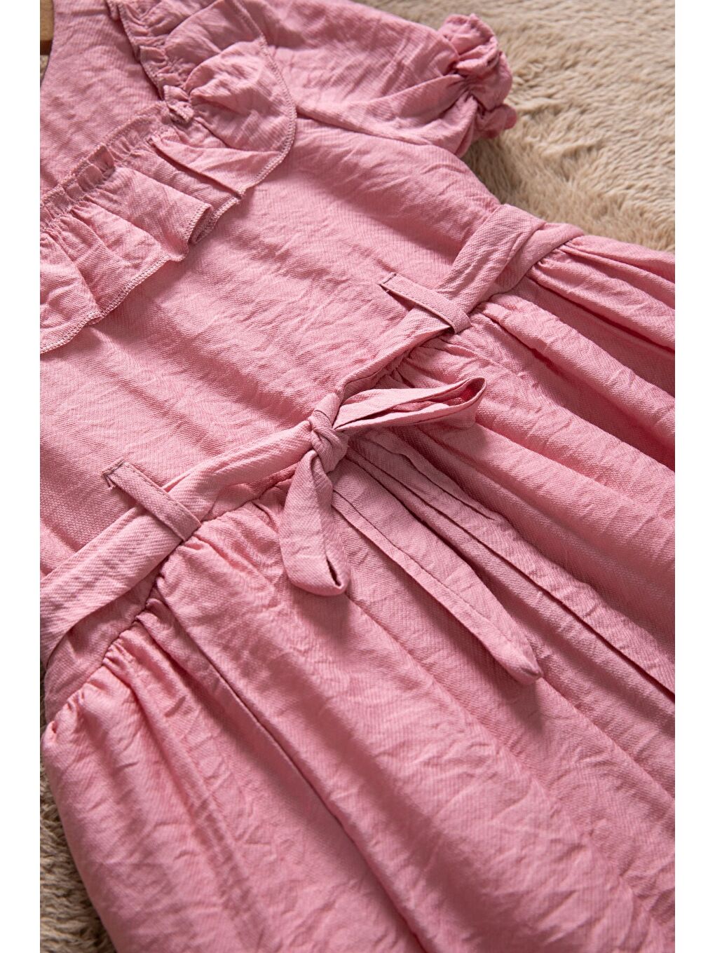 Pembe Fırfır Detaylı Kısa Kol Kız Çocuk Pileli Elbise 22651-1