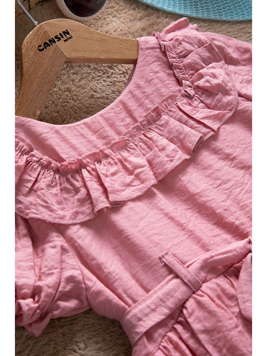 Pembe Fırfır Detaylı Kısa Kol Kız Çocuk Pileli Elbise 22651-2