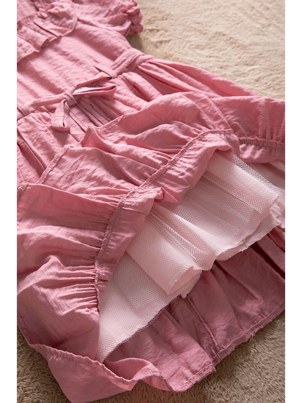 Pembe Fırfır Detaylı Kısa Kol Kız Çocuk Pileli Elbise 22651-3