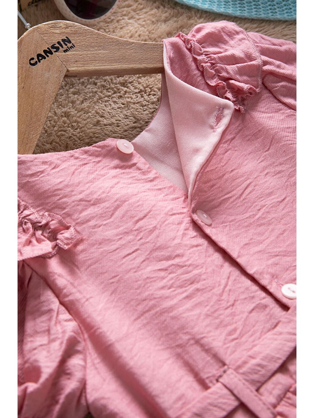 Pembe Fırfır Detaylı Kısa Kol Kız Çocuk Pileli Elbise 22651-4