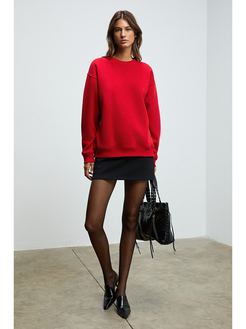 Karıus Kadın Organik Pamuklu İçi Polarlı Oversize Yuvarlak Yakalı Kırmızı Sweatshirt-4