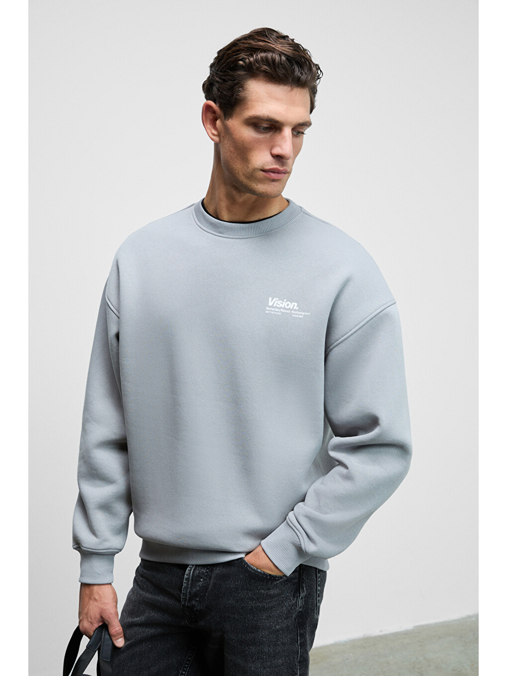 Gri Ernest Erkek Organik Pamuklu Yumuşacık Baskı Detaylı Bisiklet Yaka İçi Polarlı AÇIK GRİ Sweatshirt-3