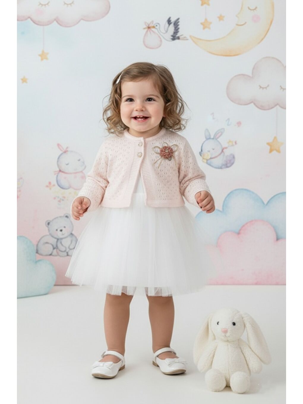 Pembe Triko Bolerolu Kız Bebek Elbise M00770-3