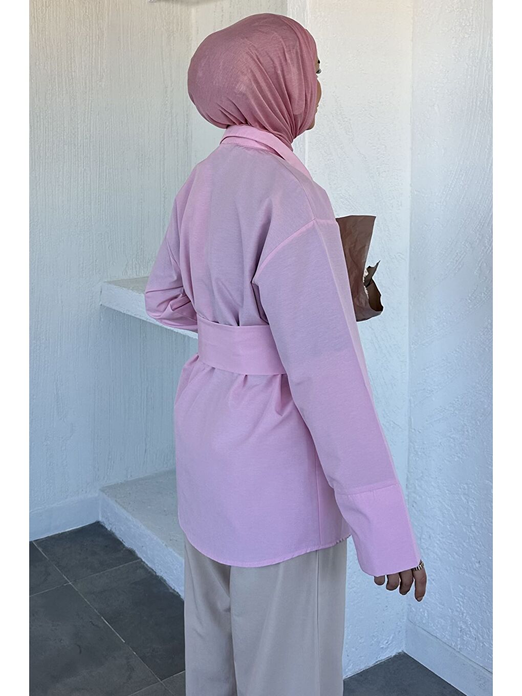 Pembe Bel Kuşaklı Tesettür Tunik-3