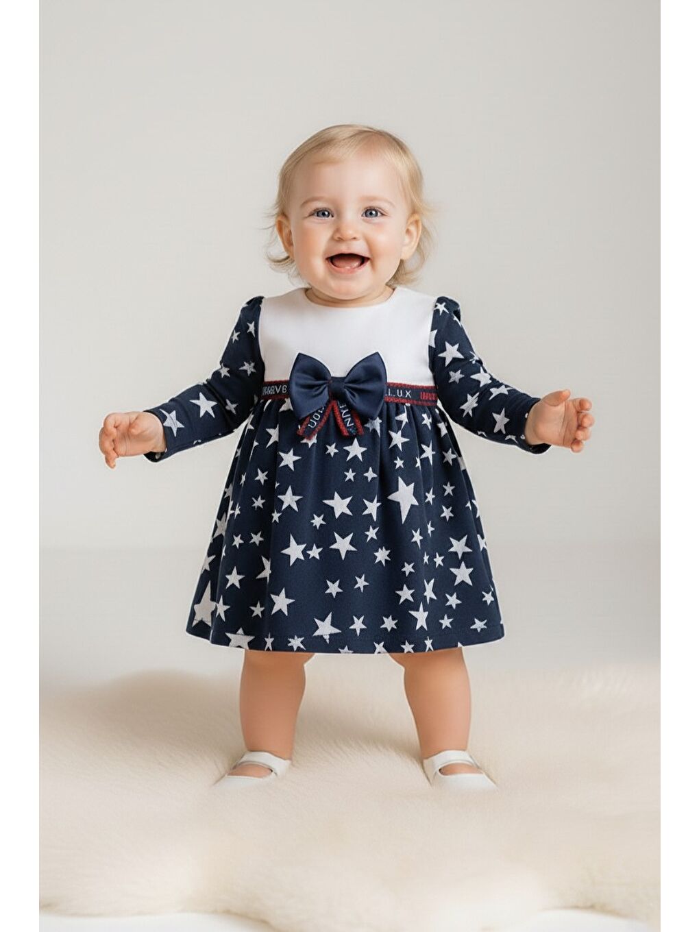 Lacivert Yıldız Desen Kız Bebek Günlük Elbise M00769-1