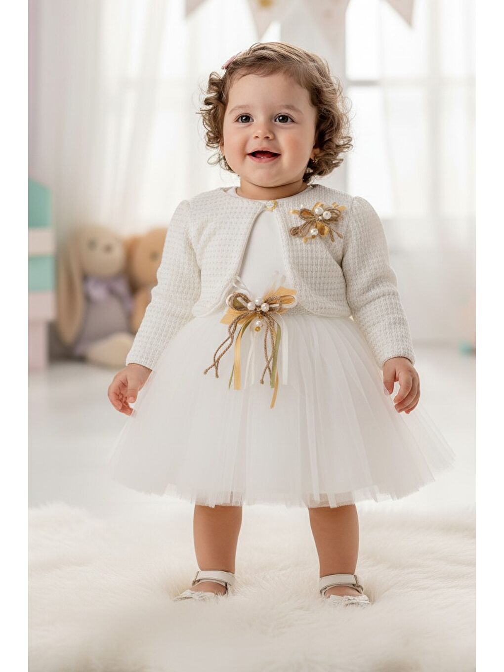 Ekru Triko Bolerolu Kız Bebek Elbise M00770