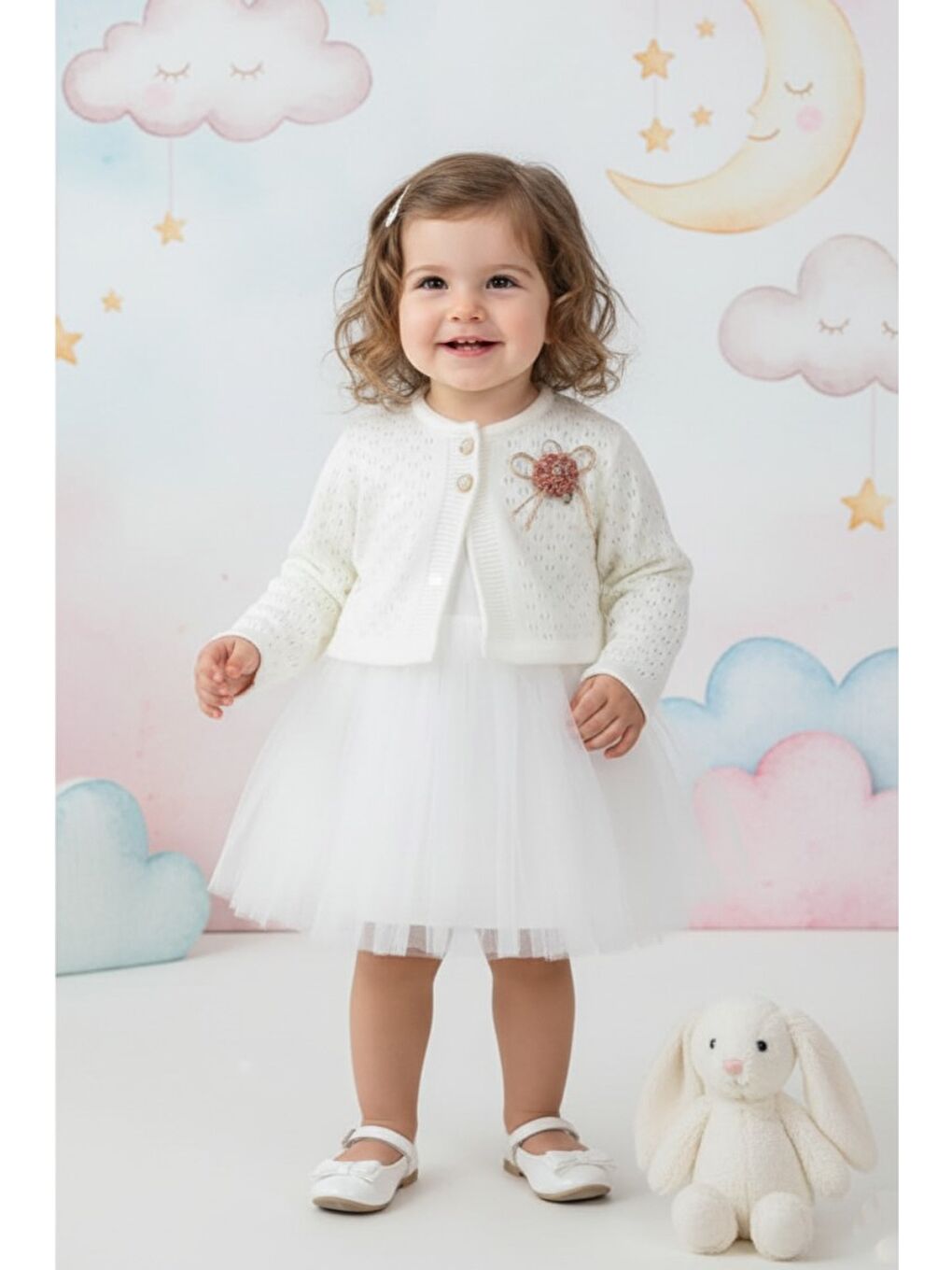 Ekru Triko Bolerolu Kız Bebek Elbise M00770-2