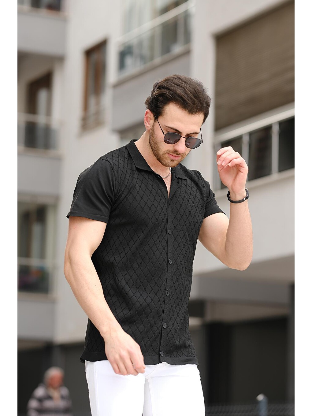 Siyah Ht 340015 Gömlek Yaka Desenli Slim Fit Kısa Kol Triko Erkek Gömlek-1