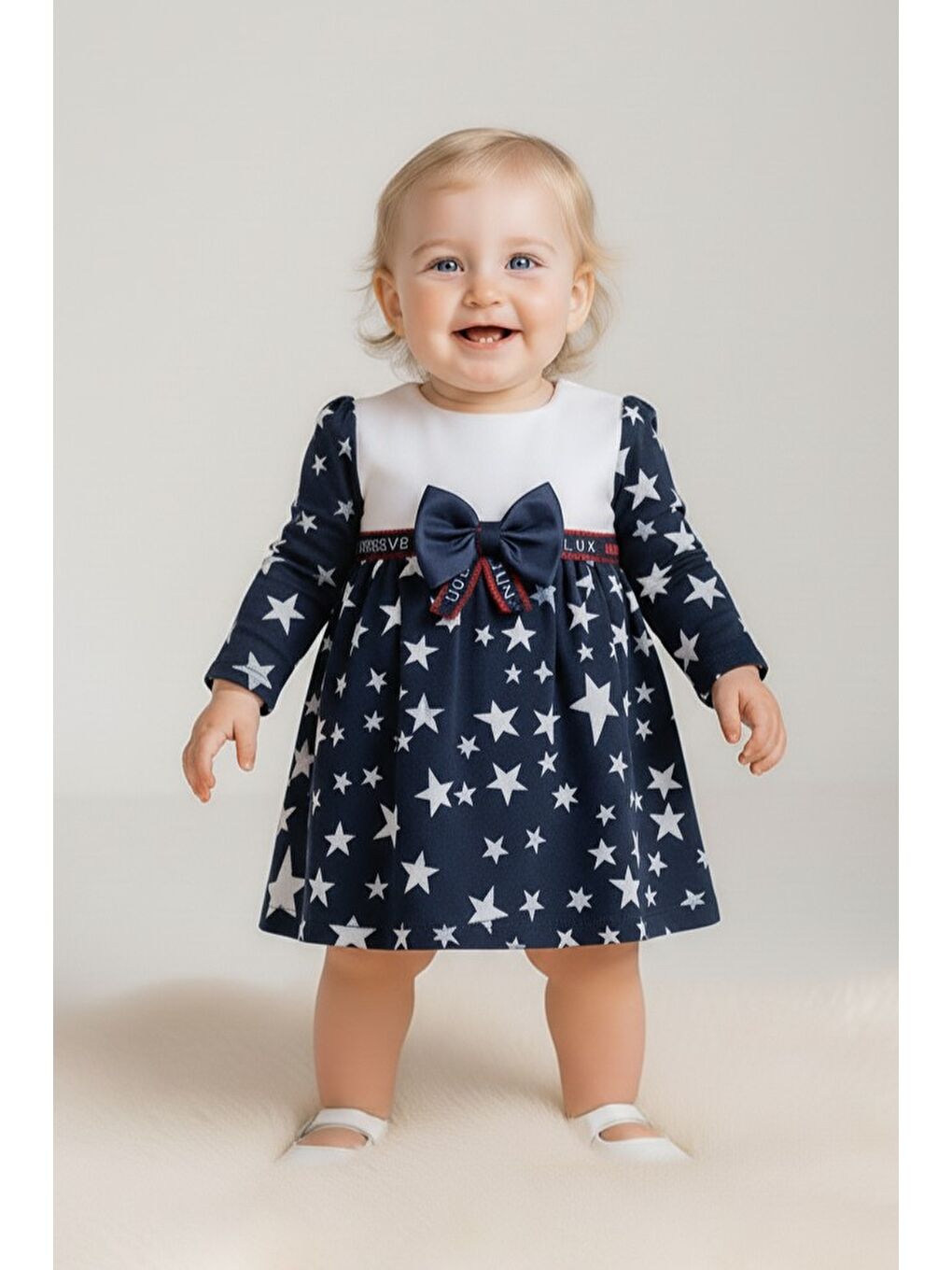 Lacivert Yıldız Desen Kız Bebek Günlük Elbise M00769-2