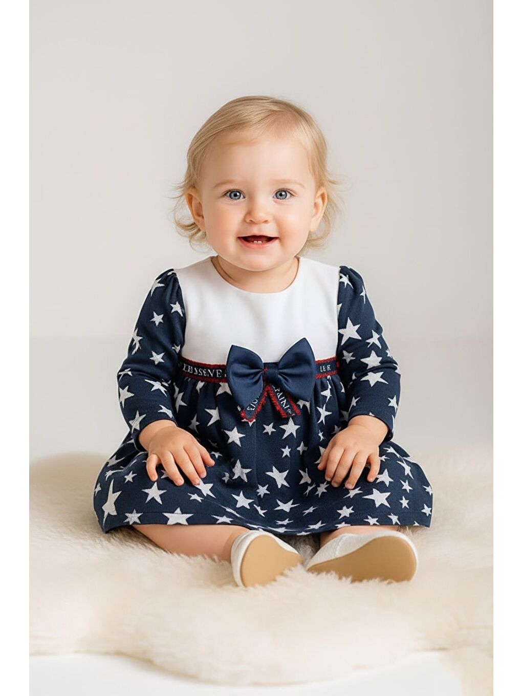 Lacivert Yıldız Desen Kız Bebek Günlük Elbise M00769-3