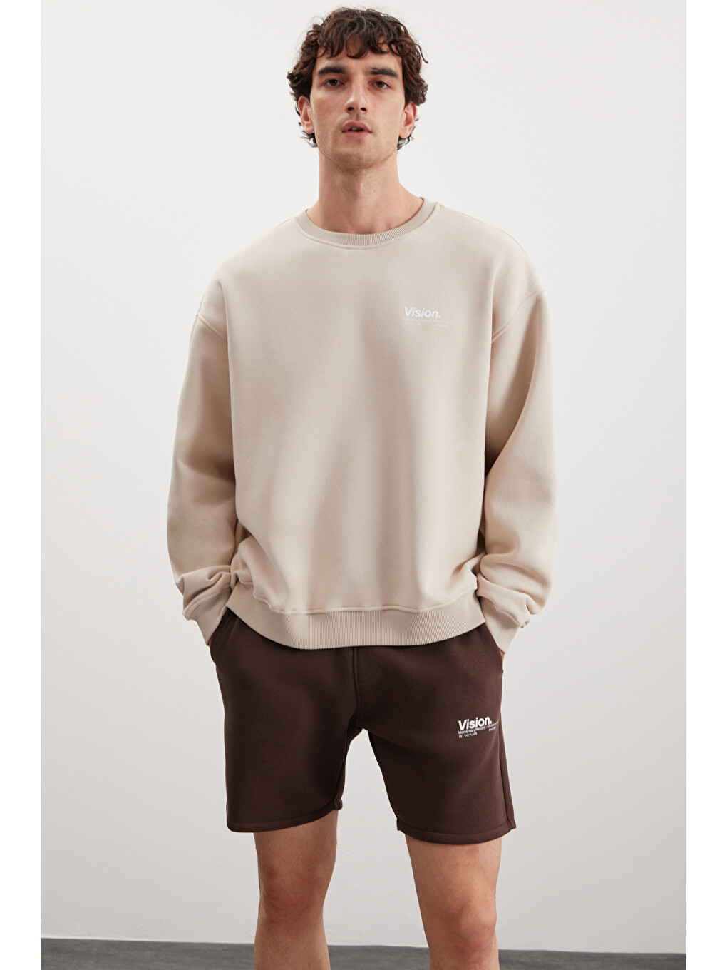 Bej Ernest Erkek Organik Pamuklu Yumuşacık Baskı Detaylı Bisiklet Yaka İçi Polarlı VİZON Sweatshirt-3