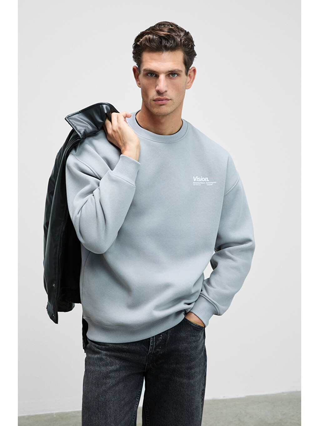 Gri Ernest Erkek Organik Pamuklu Yumuşacık Baskı Detaylı Bisiklet Yaka İçi Polarlı AÇIK GRİ Sweatshirt-4