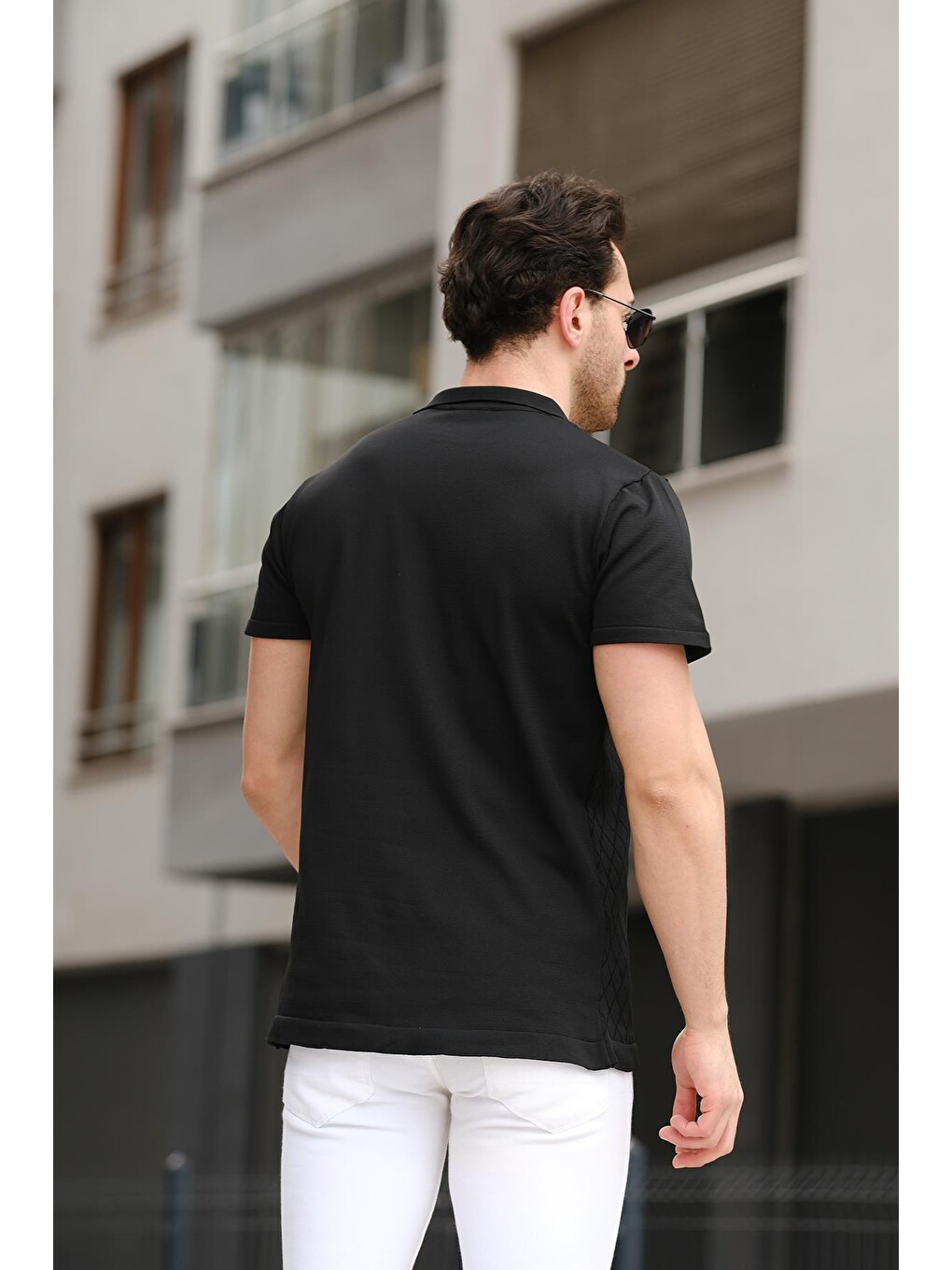 Siyah Ht 340015 Gömlek Yaka Desenli Slim Fit Kısa Kol Triko Erkek Gömlek-2