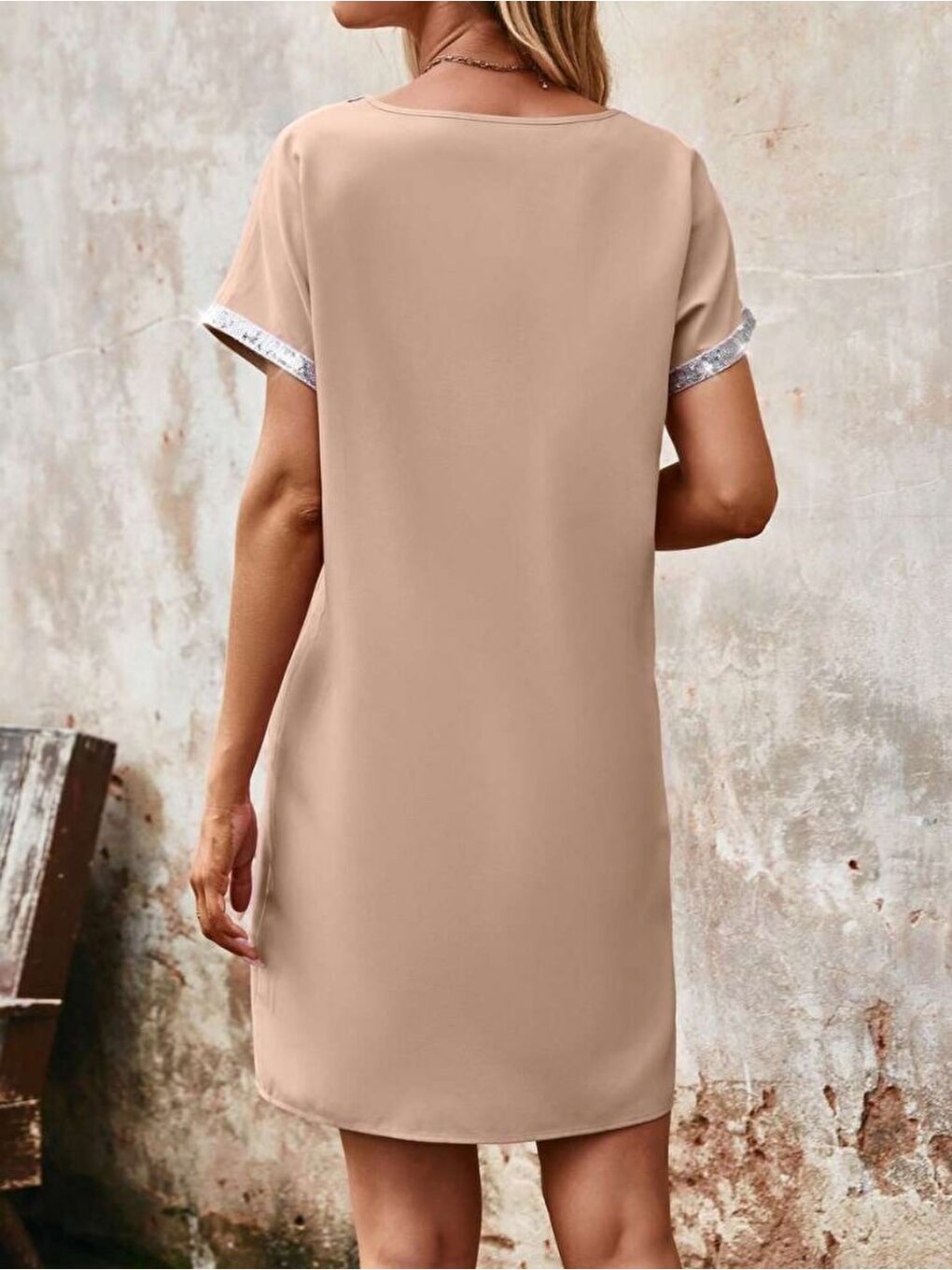 Bej Kadın Yaka Ve Kol Pul Payet şeritli Ithal Krep Elbise-4