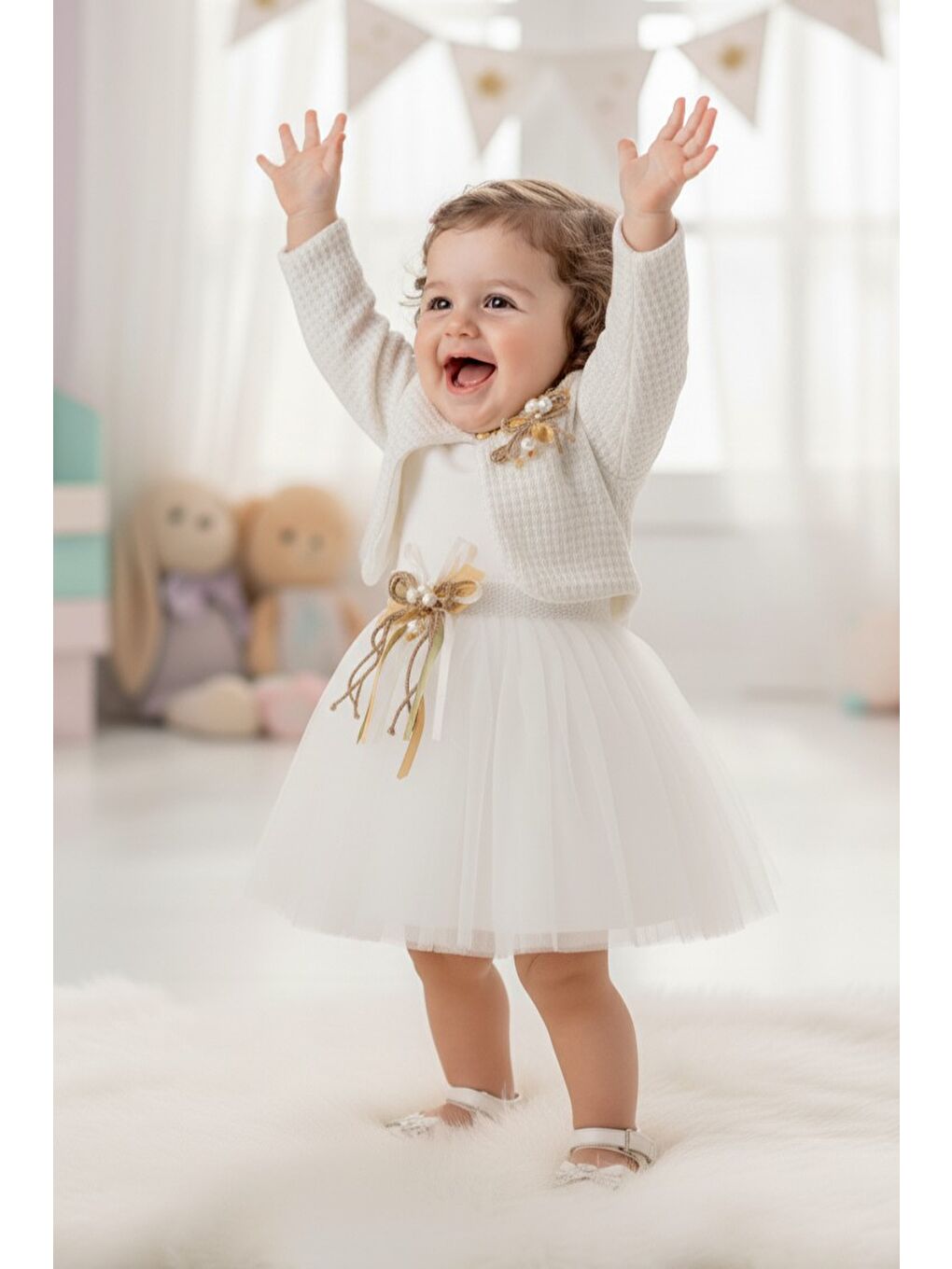 Ekru Triko Bolerolu Kız Bebek Elbise M00770-1