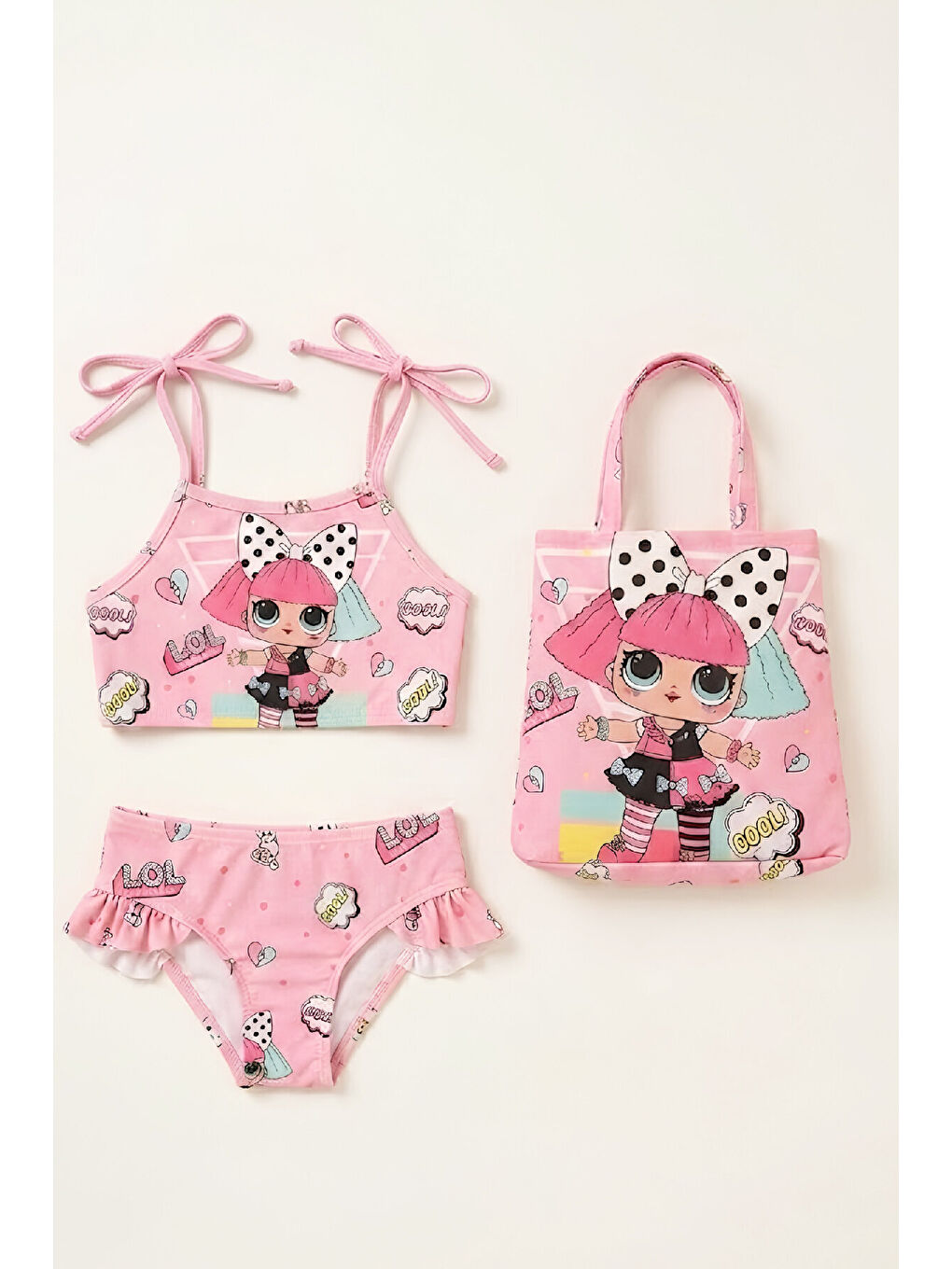 Pembe Kız Çocuk Çantalı 3'lü Mayo Takımı (Çanta+Mayo+Bikini) 3-10 Yaş 12649N