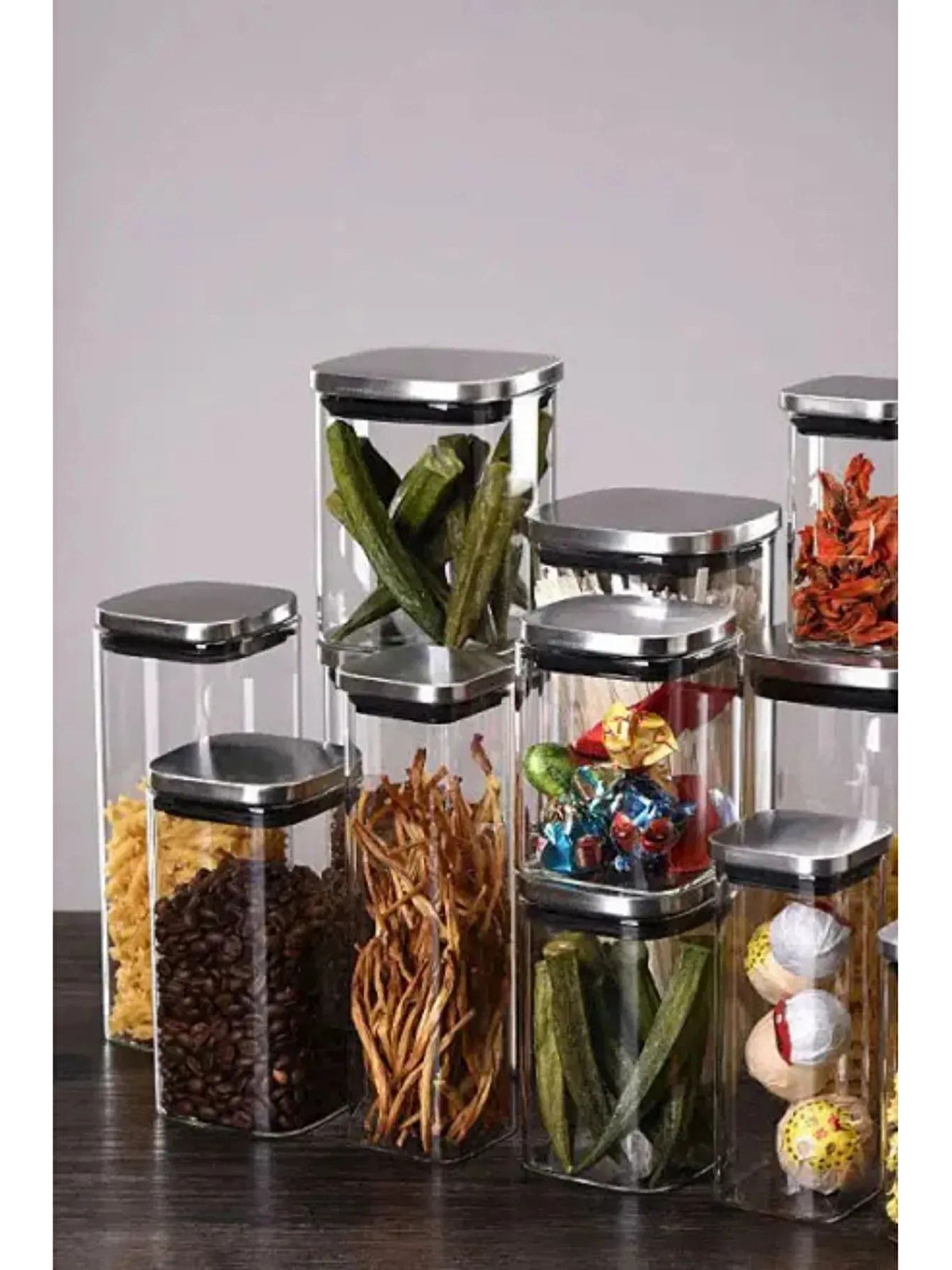 Renksiz Vakum Krom Kapaklı Kare Cam Kavanoz 65x142 cm - 400 ml Cam Baharatlık Saklama Kabı 3 Adet-3