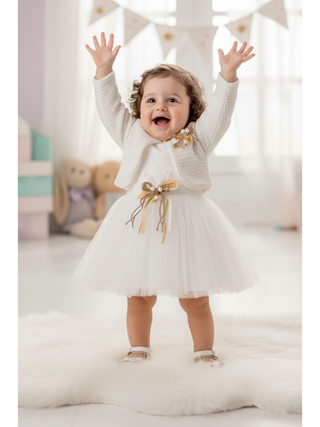 Ekru Triko Bolerolu Kız Bebek Elbise M00770-2