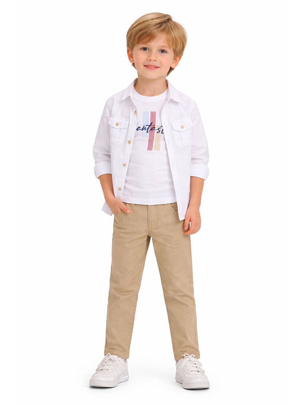 Ekru Krem Keten Pantolonlu Düğmeli Gömlekli Erkek Çocuk 3lü Takım 23765