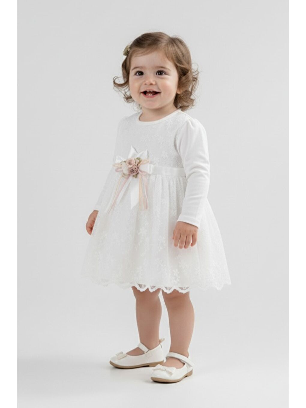 Ekru Kız Bebek Kurdelalı Çiçekli Dantel Elbise M00768-1