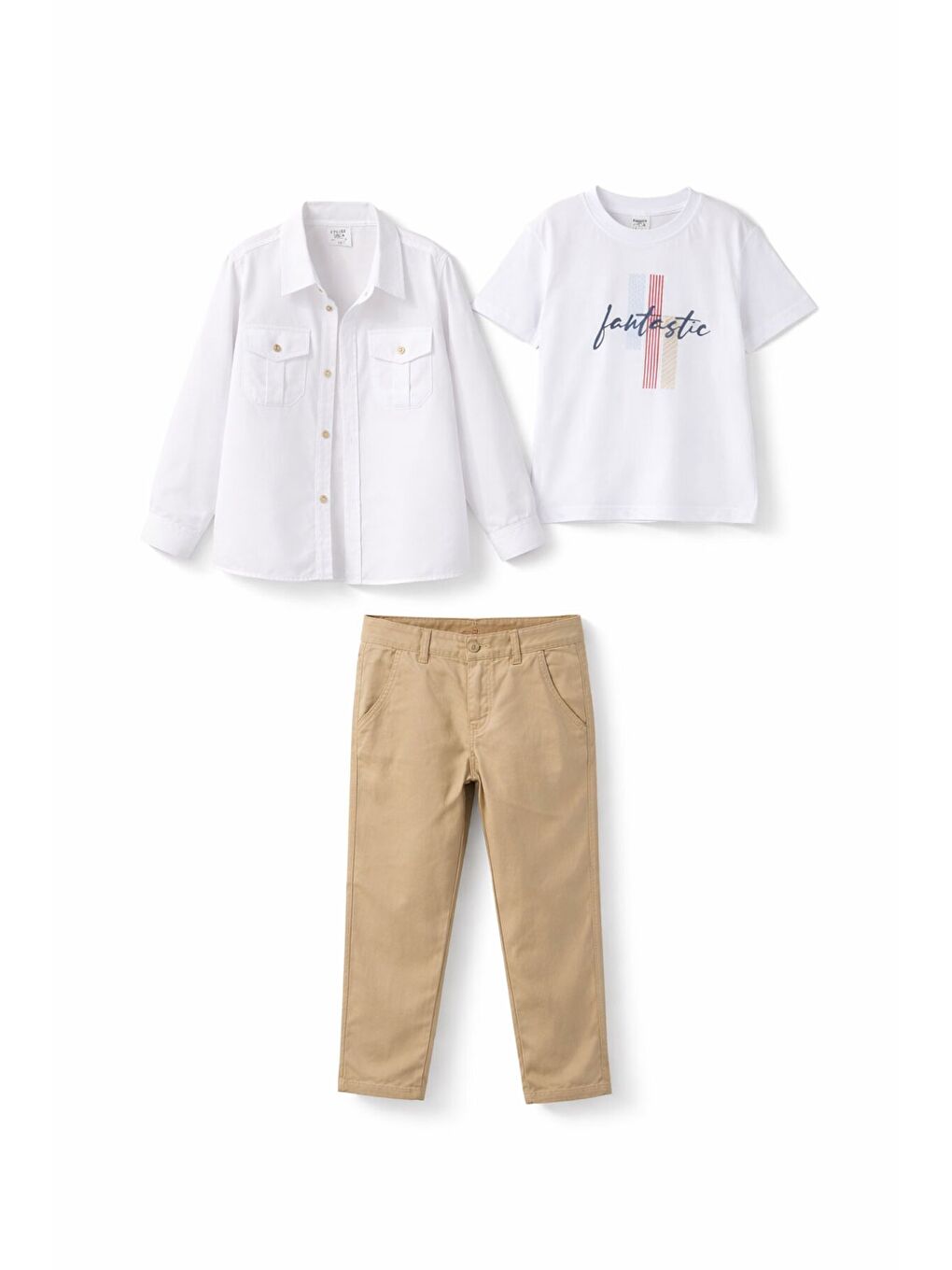 Ekru Krem Keten Pantolonlu Düğmeli Gömlekli Erkek Çocuk 3lü Takım 23765-2