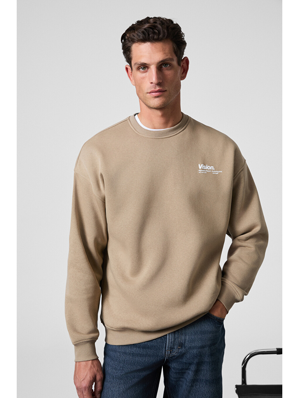 Bej Ernest Erkek Organik Pamuklu Yumuşacık Baskı Detaylı Bisiklet Yaka İçi Polarlı BEJ Sweatshirt-2