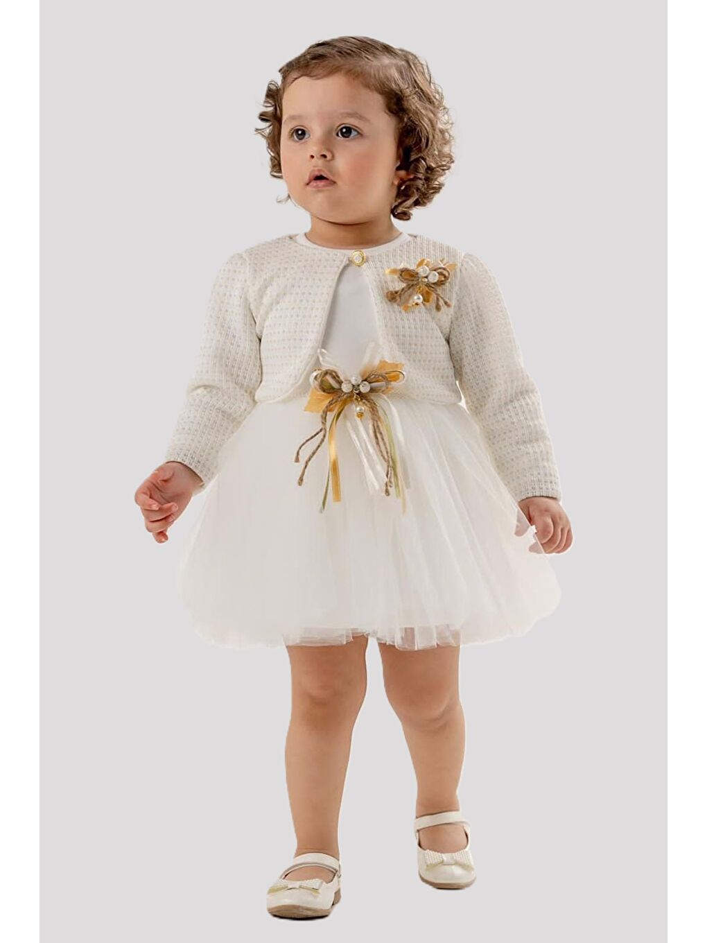 Ekru Triko Bolerolu Kız Bebek Elbise M00770-3