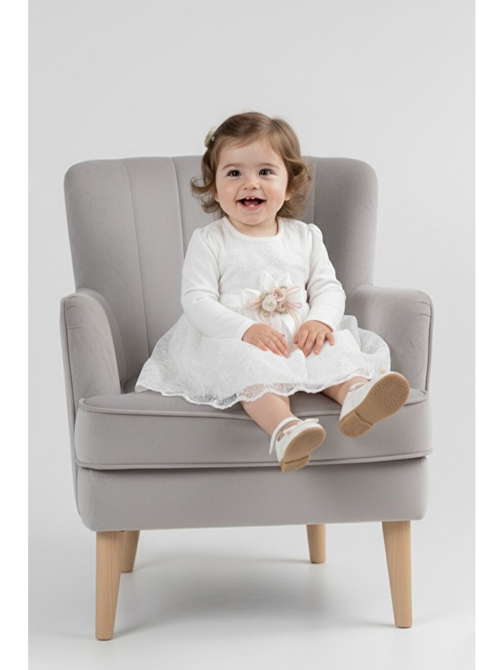 Ekru Kız Bebek Kurdelalı Çiçekli Dantel Elbise M00768-2